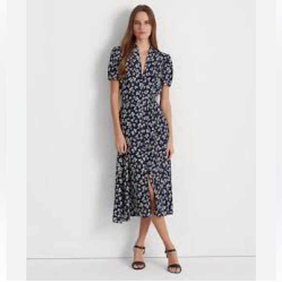 Lauren by Ralph Lauren Flutter Sleeve Navy Blue Floral Dress in Size 4 - Picture 1 of 5